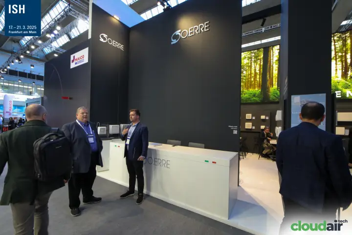 O.Erre stand front with white counter and small ventilation units at ISH 2025