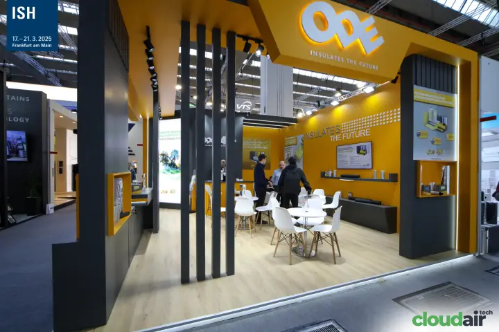ODE stand with "Insulates the Future" and a yellow meeting lounge at ISH 2025