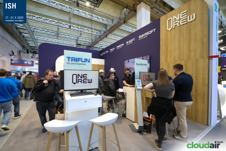 OneQrew software stand with Taifun demo station and visitors at screens at ISH 2025