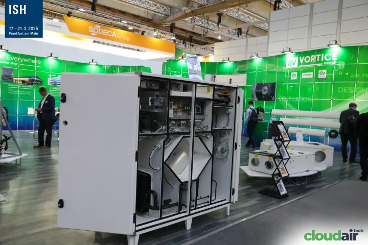 Open heat recovery unit showing its exchanger on the Vortice stand at ISH 2025