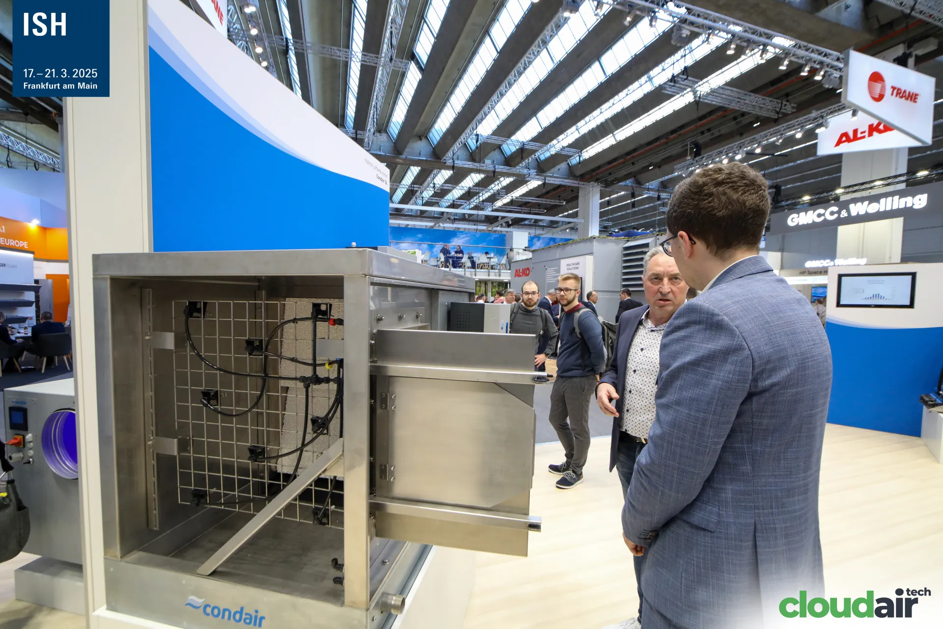 Open stainless steel Condair humidifier module with spray nozzles at ISH 2025
