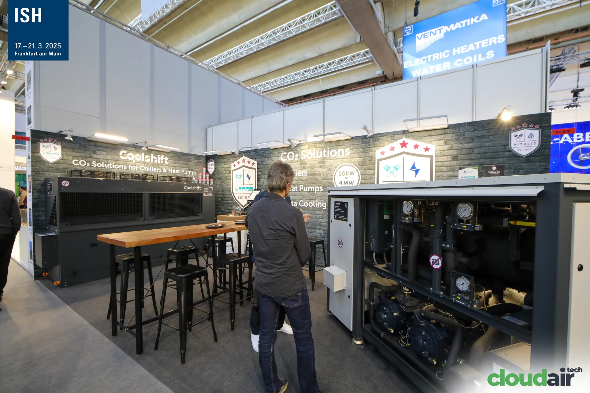 Open TEKO CO2 unit showing compressors and pressure gauges at ISH 2025