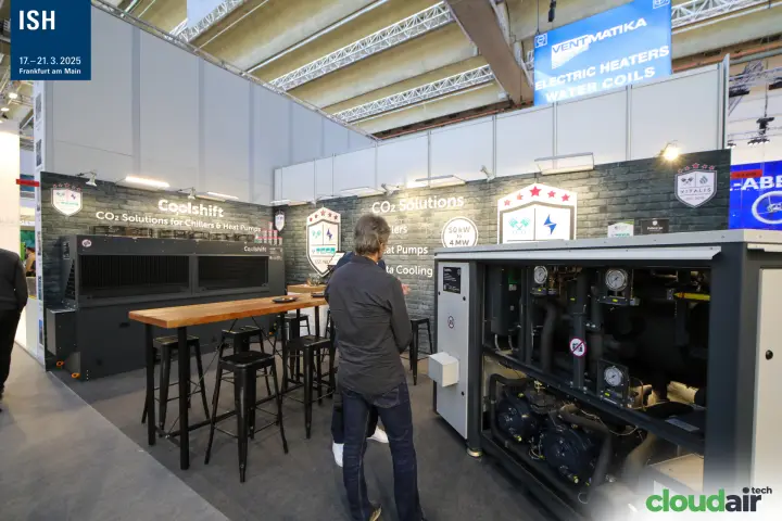 Open TEKO CO2 unit showing compressors and pressure gauges at ISH 2025