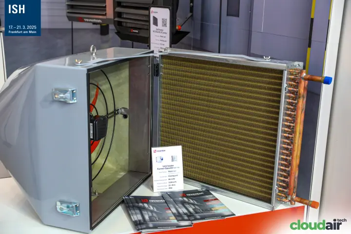 Opened Reventon Farmer OpenAir unit heater showing water coil and fan at ISH 2025