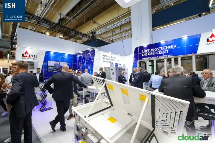 Opened white unit and AHU wall at the Wolf Geisenfeld stand at ISH 2025