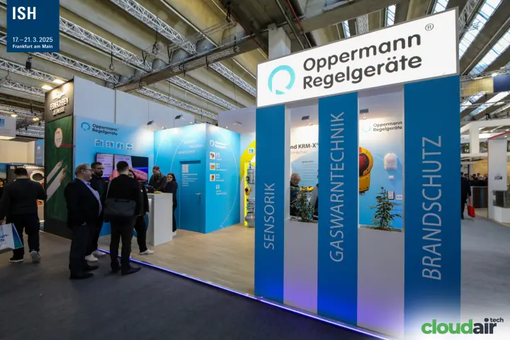 Oppermann Regelgeräte stand with Sensorik, Gaswarntechnik and Brandschutz columns
