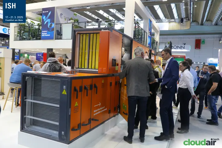 Orange Menerga air handling unit at the busy two-storey Systemair stand at ISH 2025