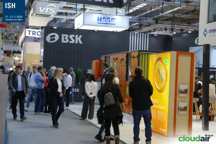 Orange Menerga unit labelled for R-744 refrigerant beside the BSK stand at ISH 2025