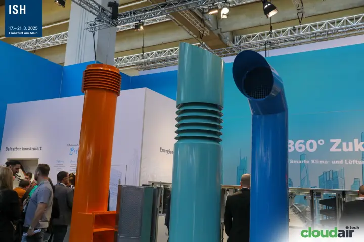 Orange, teal and blue BerlinerLuft roof exhaust stacks at ISH 2025
