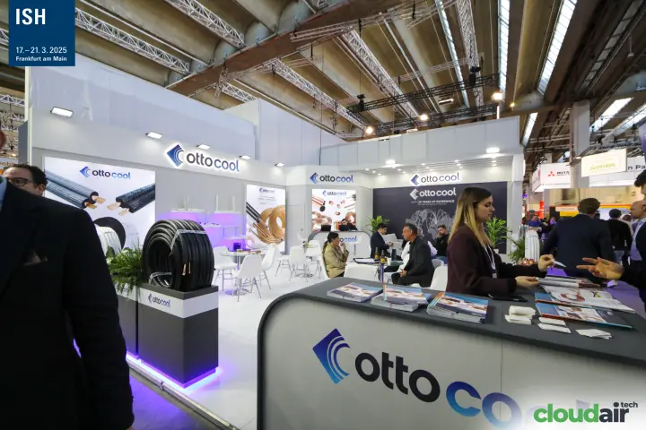 Ottocool stand with insulated copper pipe coils and reception desk at ISH 2025