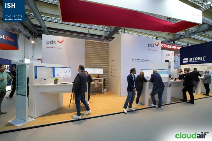 pds stand front with workstations along the aisle at ISH 2025