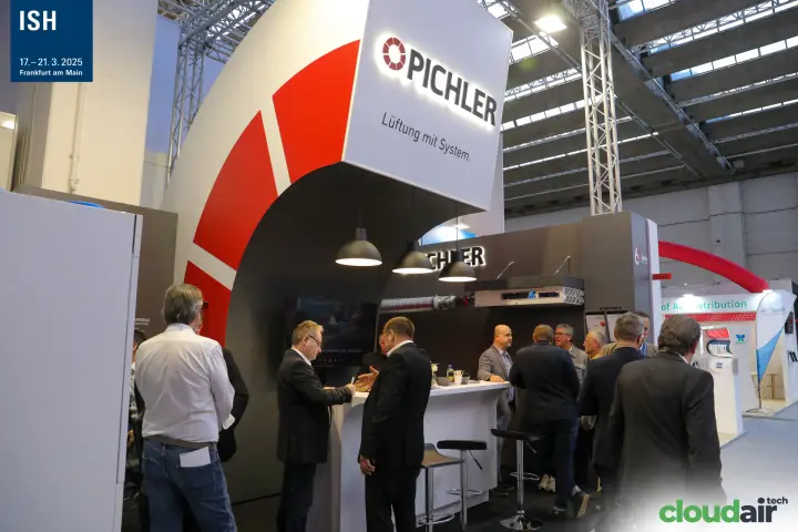 Pichler stand with red duct-bend arch and illuminated logo at ISH 2025