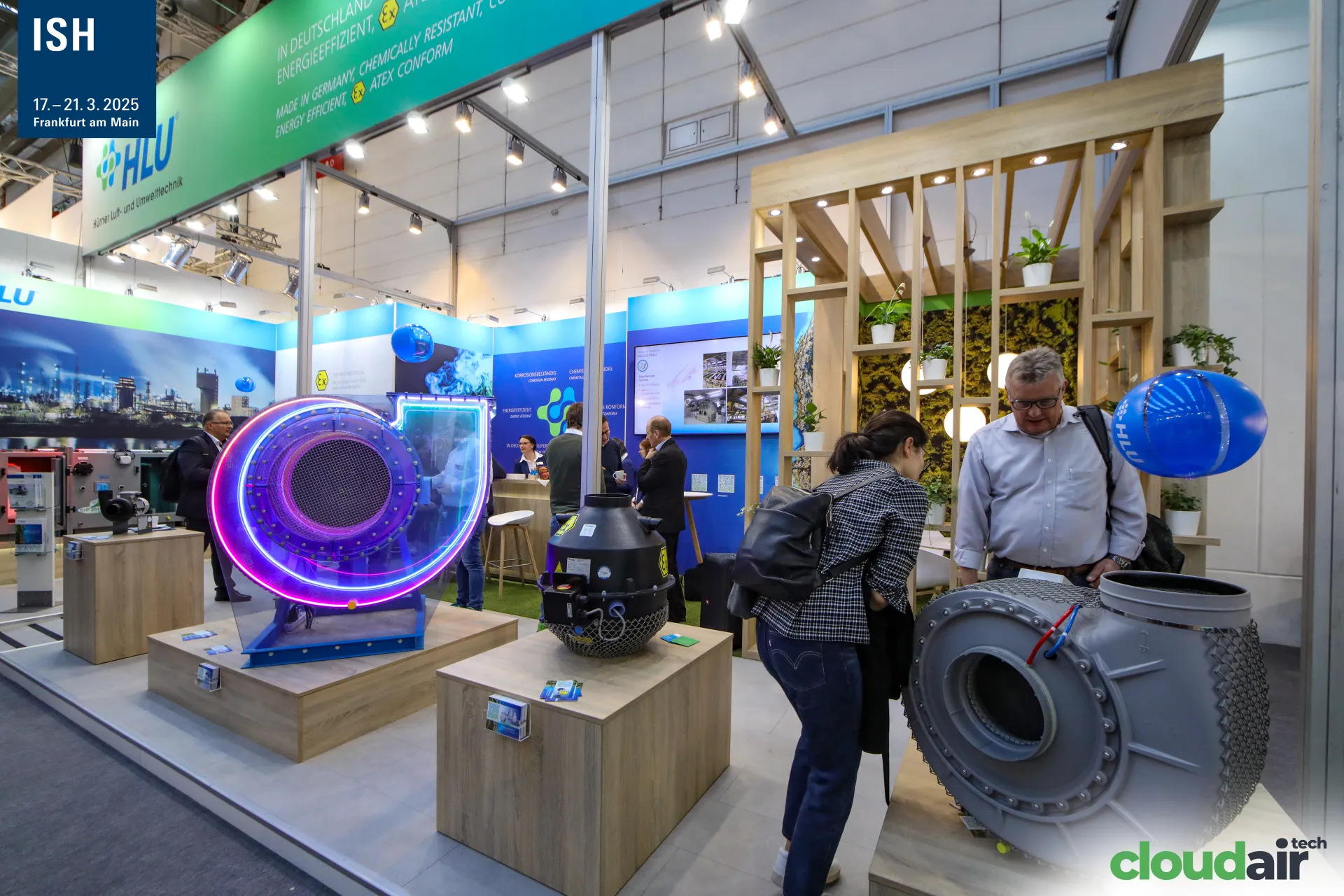 Plastic fans on wooden plinths at the HLU stand at ISH 2025