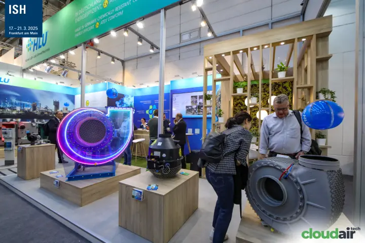 Plastic fans on wooden plinths at the HLU stand at ISH 2025