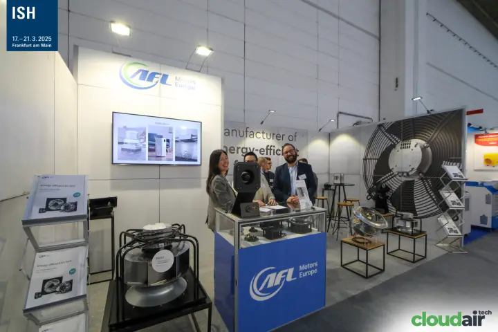 Plug fan and blue AFL counter with staff at the Frankfurt stand at ISH 2025