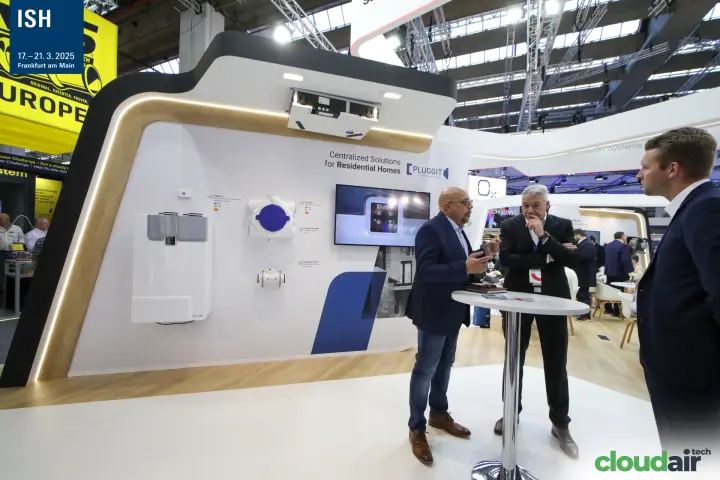 Pluggit wall of centralised residential ventilation units on the S&P stand at ISH 2025