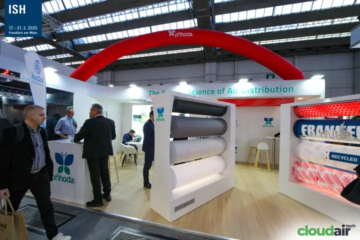 Prihoda stand with red inflatable arch and textile duct displays at ISH 2025