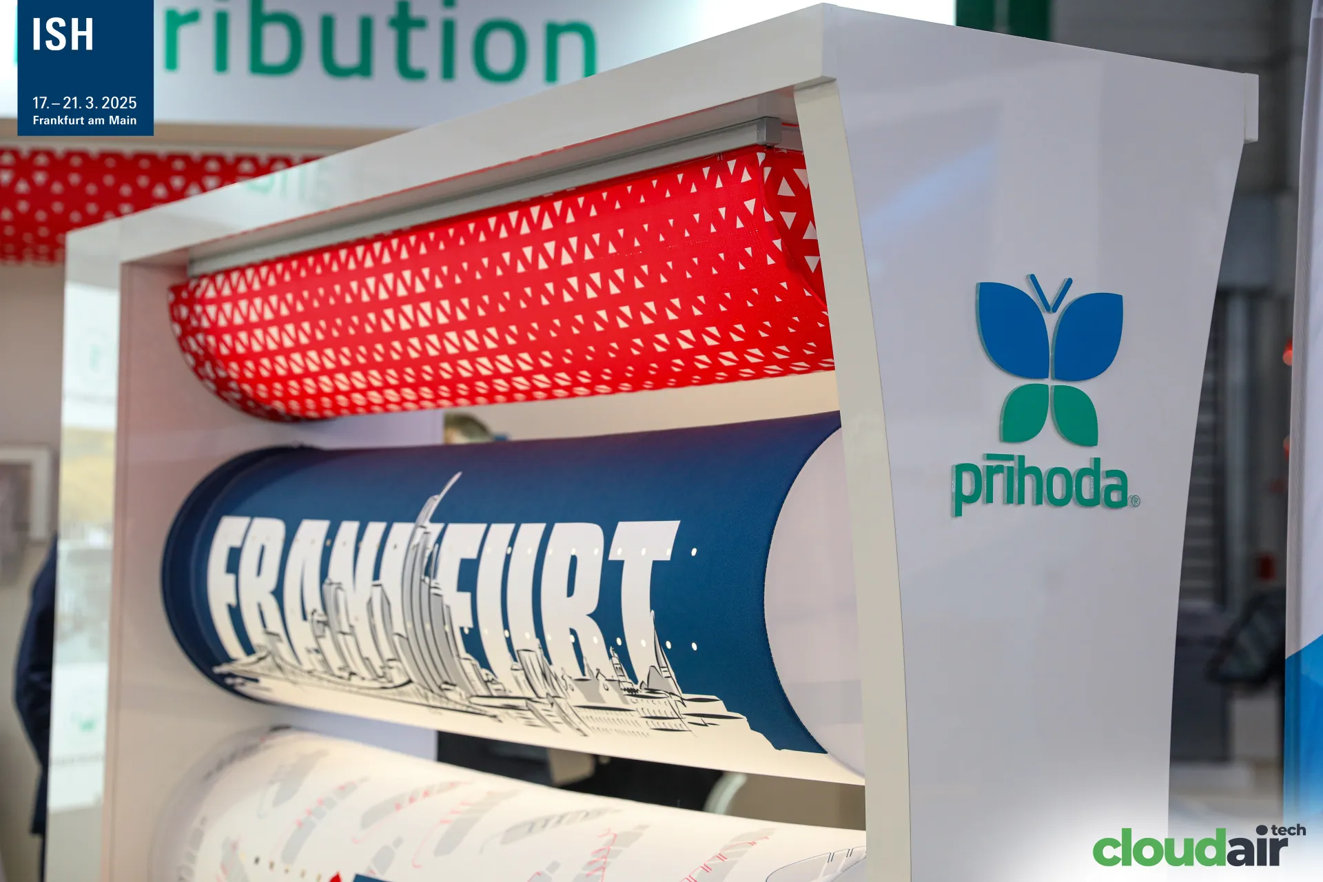 Prihoda textile ducts with perforated patterns and a Frankfurt print at ISH 2025