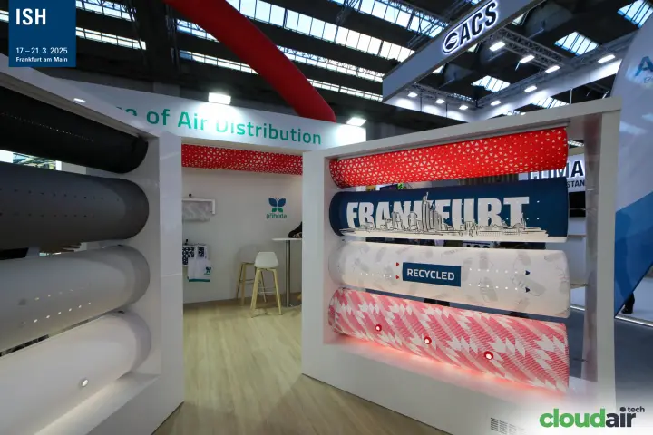 Printed Prihoda fabric ducts with Frankfurt skyline and 'Recycled' print at ISH 2025
