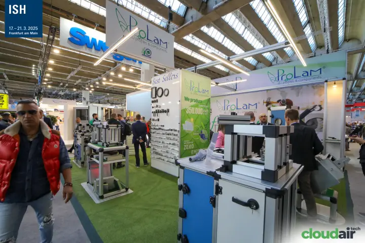 ProLam stand with aluminium AHU frame profiles on display tables at ISH 2025