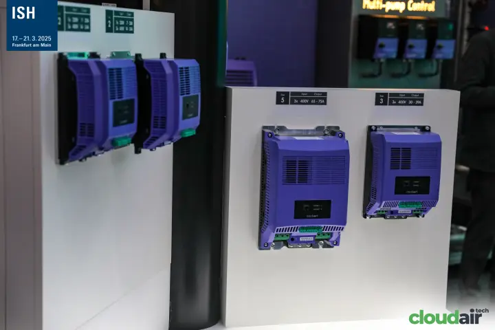Purple Coolvert variable speed drives mounted on display panels at ISH 2025