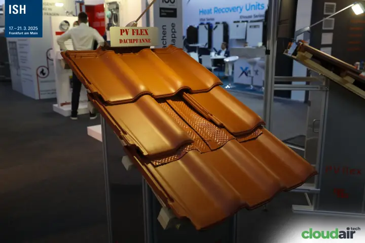 PV Flex Dachpfanne roof tile sample on an inclined display stand