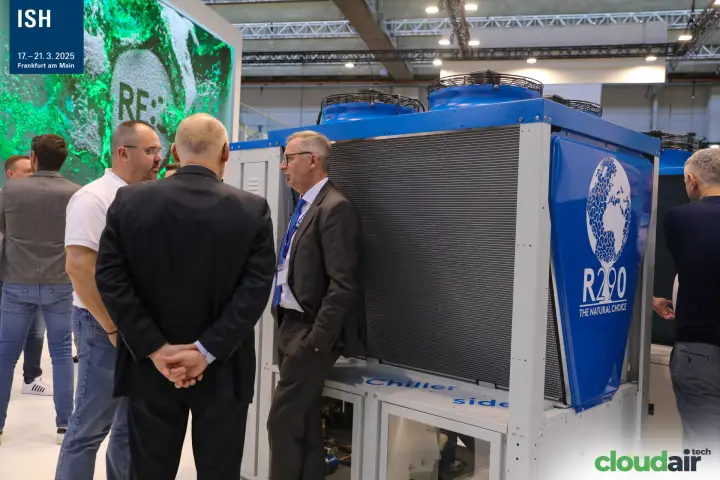 R290 air-cooled chiller with blue fan tops, labelled 'The Natural Choice' at ISH 2025