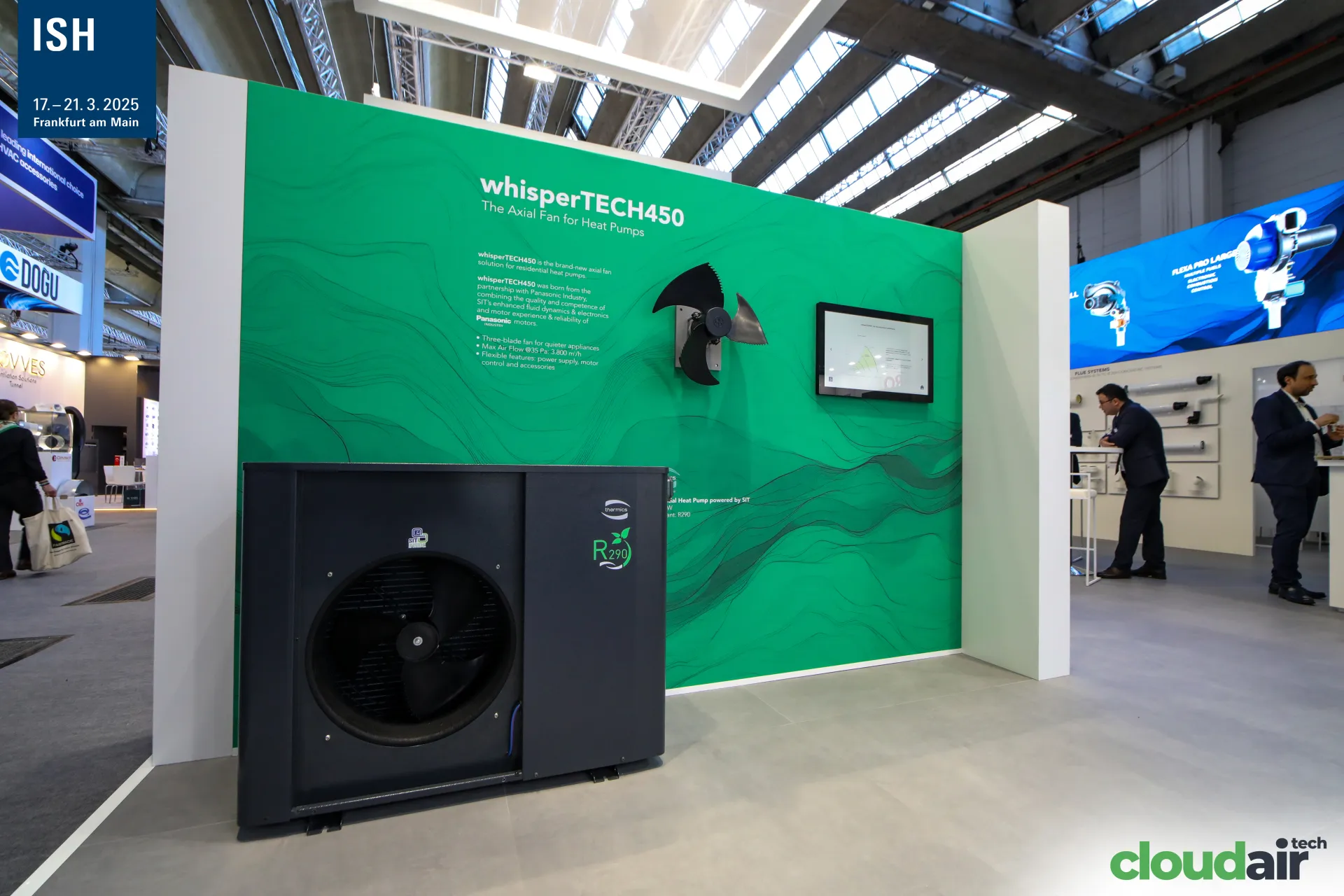 R290 heat pump unit in front of the whisperTECH450 axial fan display at ISH 2025