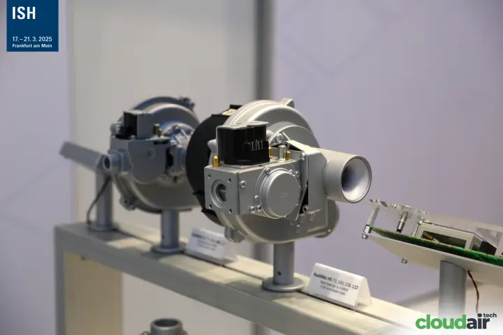 RadiMix premix gas blowers for boilers on a display rail at ISH 2025