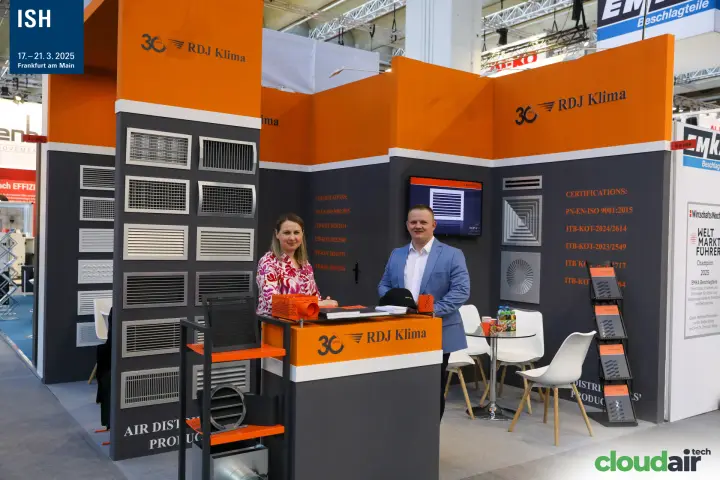 RDJ Klima stand with walls of ventilation grilles and ceiling diffusers at ISH 2025