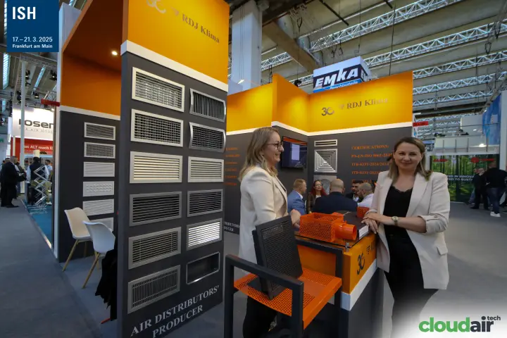 RDJ Klima wall of grilles labelled "Air Distributors' Producer" at ISH 2025