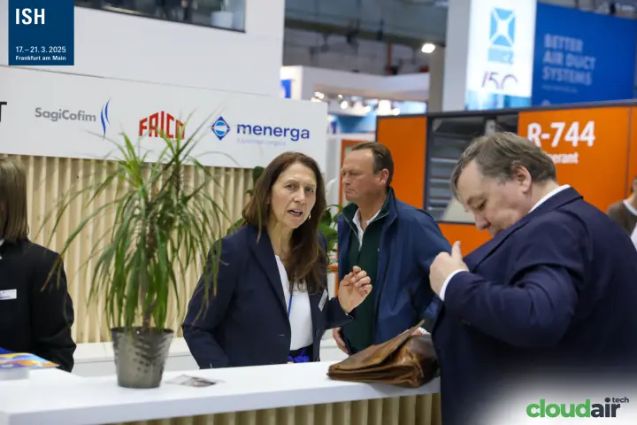 Reception counter with SagiCofim, Frico and Menerga logos at ISH 2025