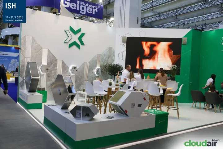 Recutech stand with hexagonal heat recovery exchangers and lounge bar at ISH 2025
