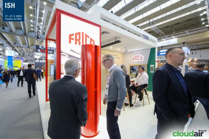 Red vertical air curtain at the entrance of the Frico stand at ISH 2025