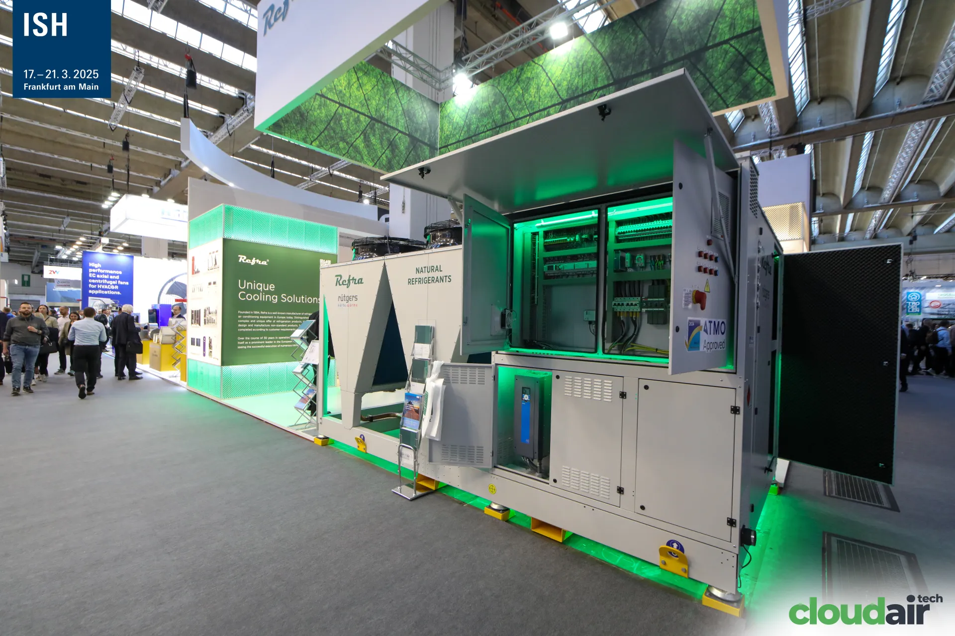 Refra unit with open control cabinet labelled "Natural Refrigerants" at ISH 2025