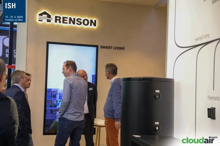 Renson stand with backlit logo, Smart Living display and black storage tank at ISH 2025