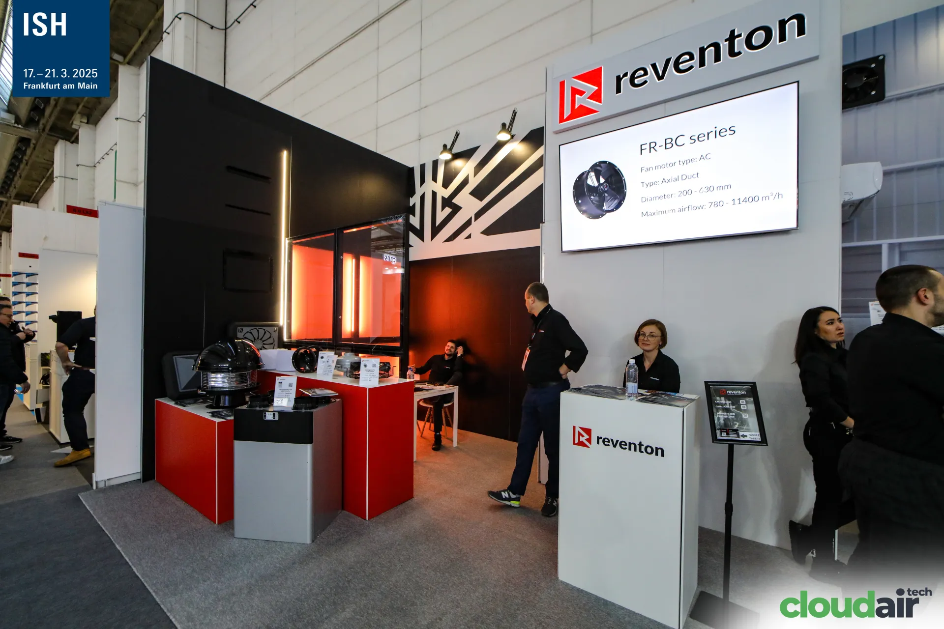 Reventon screen presenting the FR-BC axial duct fan series at ISH 2025