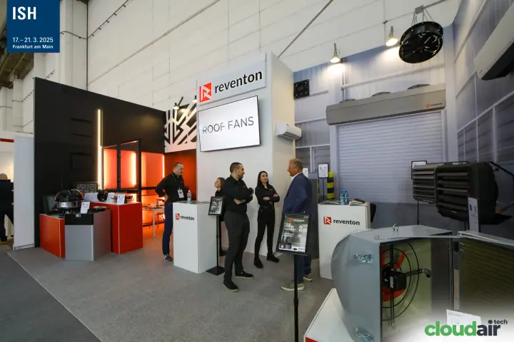 Reventon stand overview with ROOF FANS screen and opened fan housing at ISH 2025