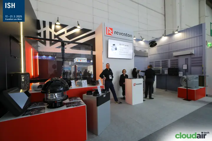 Reventon stand with roof fans, duct fans and FR-DF series screen at ISH 2025