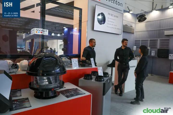 Reventon stand with screen presenting the FR-BC axial duct fan series at ISH 2025
