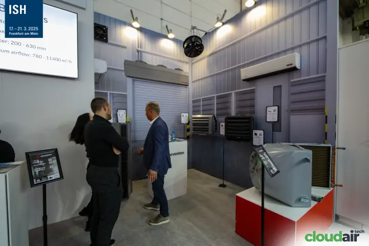 Reventon unit heaters and air curtains in a mock industrial hall setting at ISH 2025