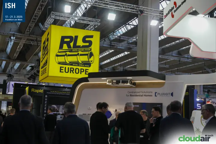 RLS Europe hanging cube above the Pluggit residential ventilation stand at ISH 2025