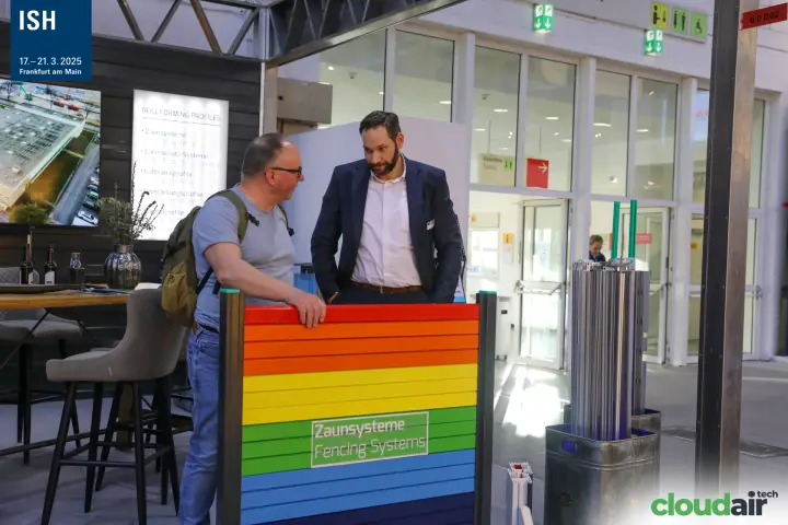 Rollforming profiles stand with rainbow "Zaunsysteme" fence panel