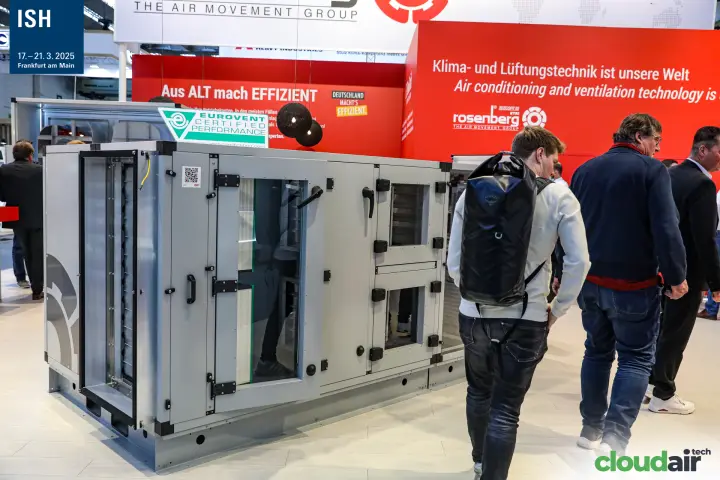 Rosenberg air handling unit with Eurovent label and glazed inspection doors at ISH 2025