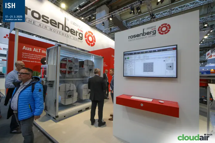 Rosenberg fan retrofit in a weathered unit casing beside RoVent 10 screen at ISH 2025