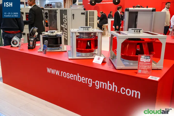 Rosenberg fans with red impellers on a red display counter at ISH 2025