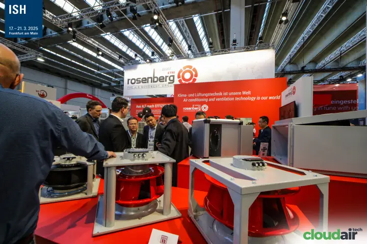 Rosenberg plug fans with red impellers on a red display plinth