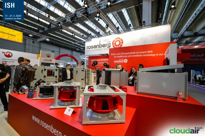 Rosenberg plug fans with red impellers on a red plinth at ISH 2025