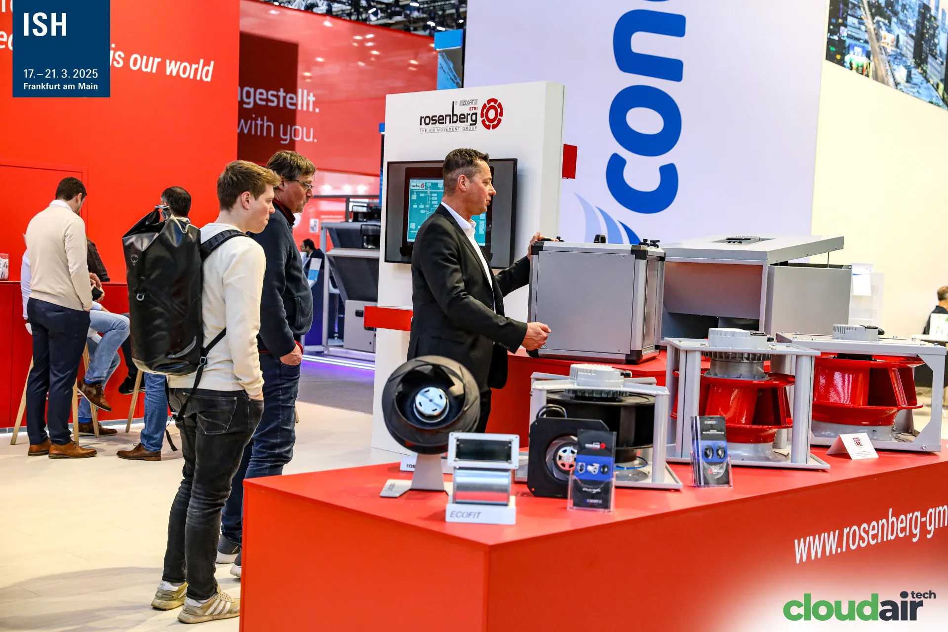Rosenberg red counter with plug fans and impellers shown to visitors at ISH 2025