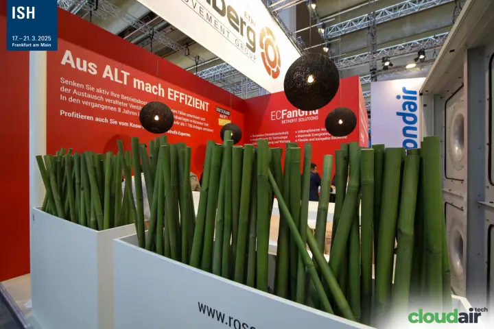 Rosenberg retrofit wall 'Aus ALT mach EFFIZIENT' behind bamboo planters at ISH 2025